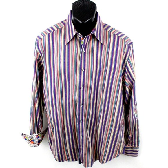 Robert Graham Mens Shirt Stripe Long Sleeve Button Flip Cuff Multi Sz L - Picture 1 of 14